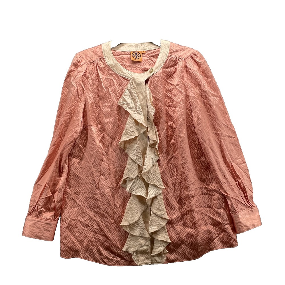 Tory Burch Silk Blouse Womens 10 Jabot Ruffle Placket Victorian Office Disco 70s
